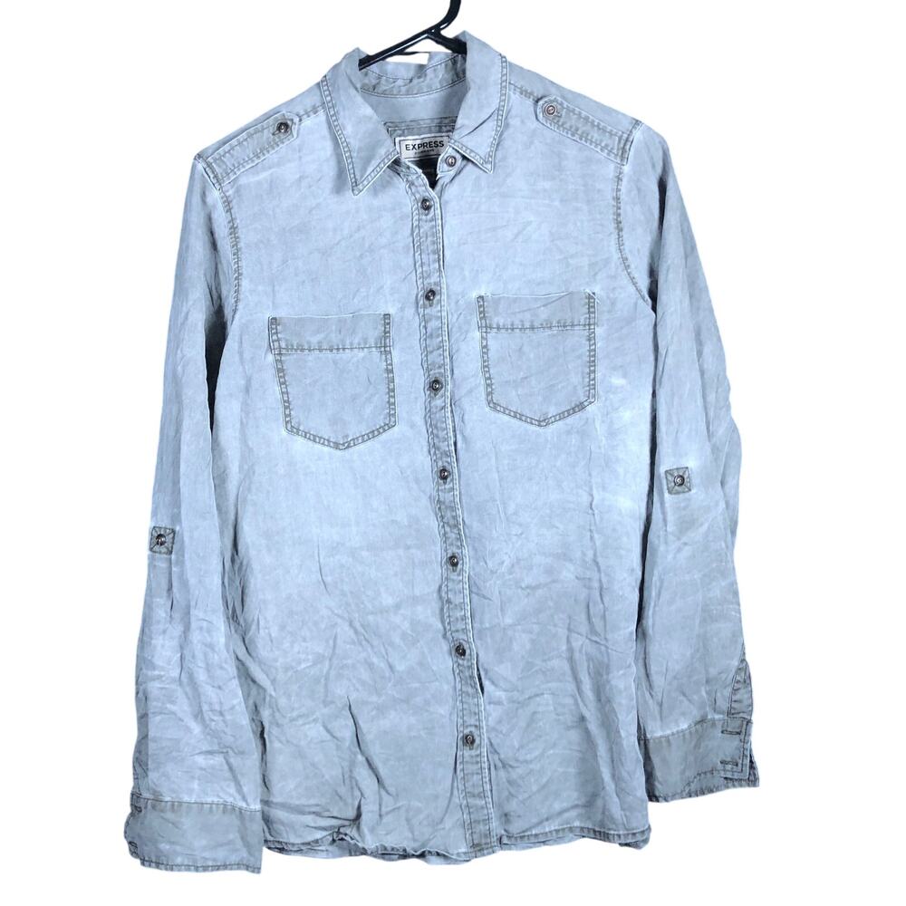 Express Womens Shirt Sage Green Boyfriend Button Down Roll Tab Sleeve Small